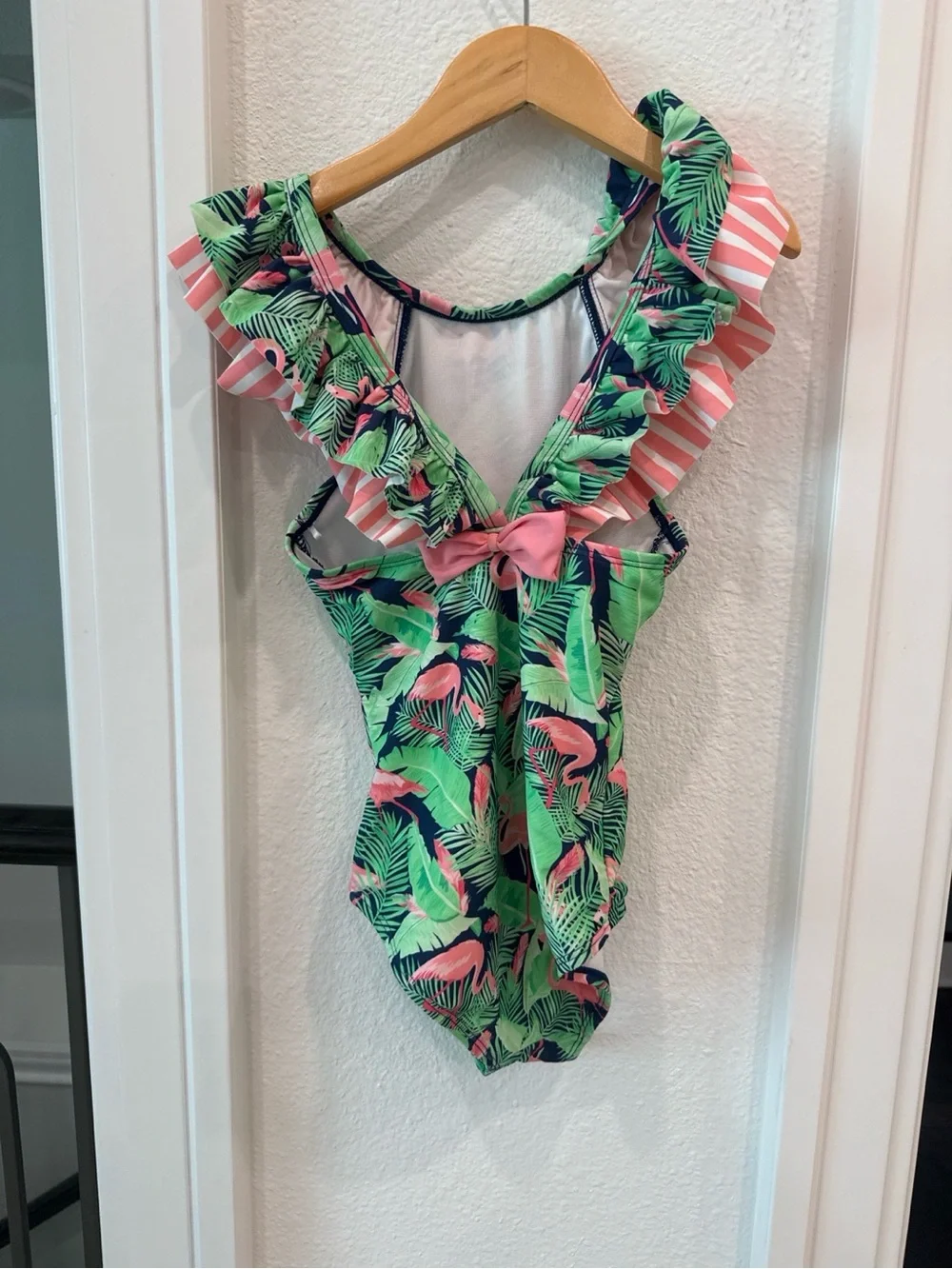 RuffleButts Girls Tropical Flamingo Ruffle One Piece Swimsuit Size 7